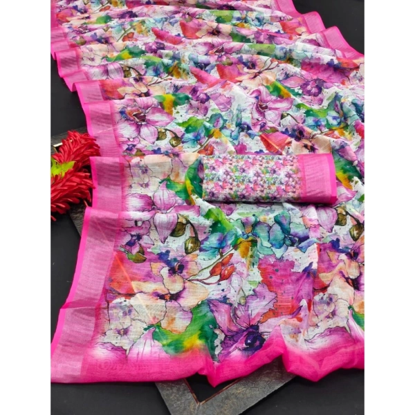 Generic Women's Cotton Linen Printed Saree With Unstitched Blouse 5.5Mtr (Pink) - Pink