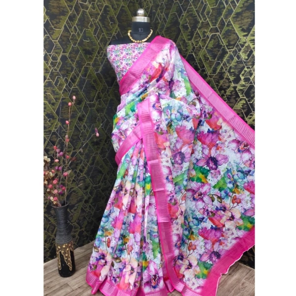 Generic Women's Cotton Linen Printed Saree With Unstitched Blouse 5.5Mtr (Pink) - Pink