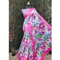 Generic Women's Cotton Linen Printed Saree With Unstitched Blouse 5.5Mtr (Pink) - Pink
