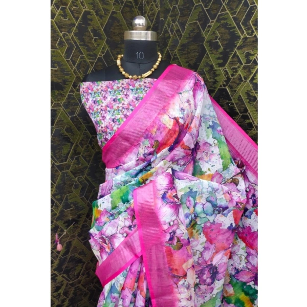 Generic Women's Cotton Linen Printed Saree With Unstitched Blouse 5.5Mtr (Pink) - Pink