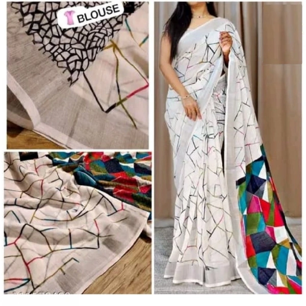 Generic Women's Cotton Linen Printed Saree With Unstitched Blouse 5.5Mtr (White) - White