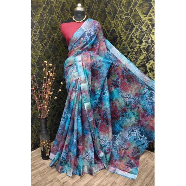 Generic Women's Cotton Linen Woven Design Saree With Unstitched Blouse 5.5Mtr (Blue) - Blue