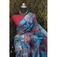 Generic Women's Cotton Linen Woven Design Saree With Unstitched Blouse 5.5Mtr (Blue) - Blue