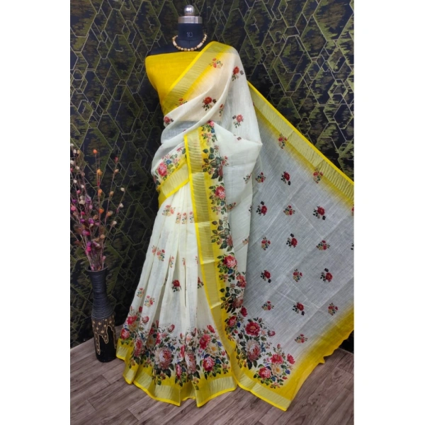 Generic Women's Cotton Linen Woven Design Saree With Unstitched Blouse 5.5Mtr (Yellow) - Yellow