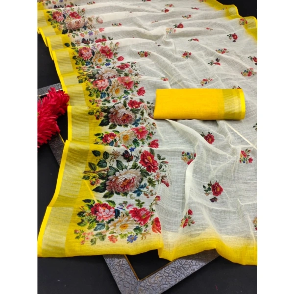 Generic Women's Cotton Linen Woven Design Saree With Unstitched Blouse 5.5Mtr (Yellow) - Yellow