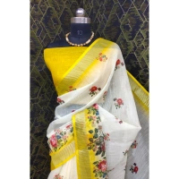 Generic Women's Cotton Linen Woven Design Saree With Unstitched Blouse 5.5Mtr (Yellow) - Yellow