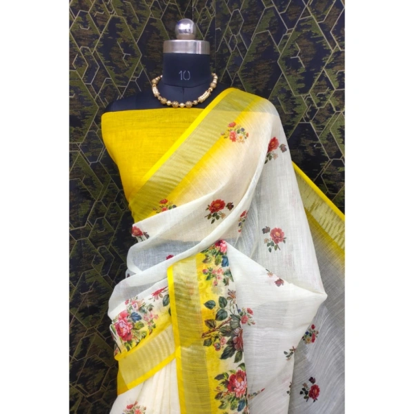 Generic Women's Cotton Linen Woven Design Saree With Unstitched Blouse 5.5Mtr (Yellow) - Yellow
