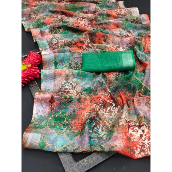 Generic Women's Cotton Linen Woven Design Saree With Unstitched Blouse 5.5Mtr (Green) - Green