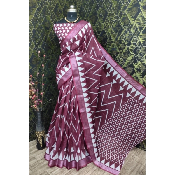 Generic Women's Cotton Linen Woven Design Saree With Unstitched Blouse 5.5Mtr (Maroon) - Maroon