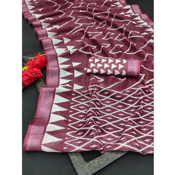 Generic Women's Cotton Linen Woven Design Saree With Unstitched Blouse 5.5Mtr (Maroon) - Maroon