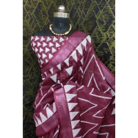 Generic Women's Cotton Linen Woven Design Saree With Unstitched Blouse 5.5Mtr (Maroon) - Maroon