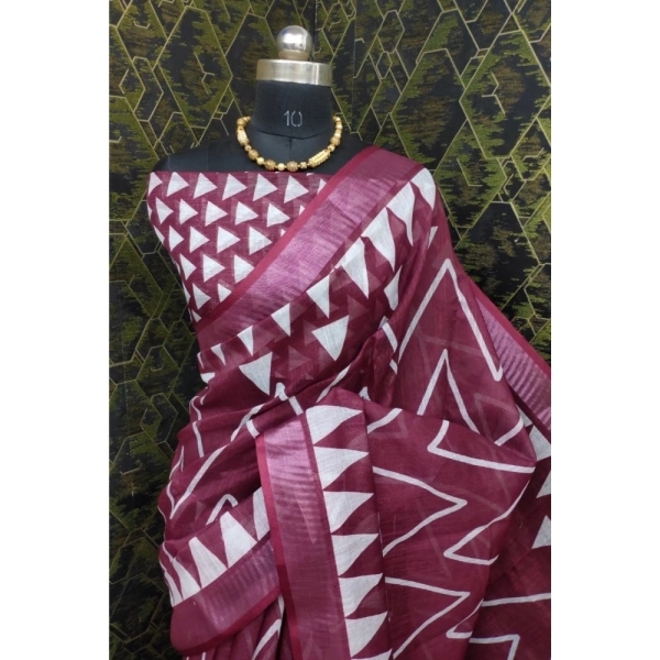 Generic Women's Cotton Linen Woven Design Saree With Unstitched Blouse 5.5Mtr (Maroon) - Maroon
