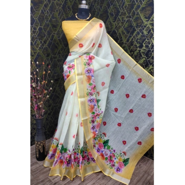 Generic Women's Cotton Linen Woven Design Saree With Unstitched Blouse 5.5Mtr (Yellow) - Yellow