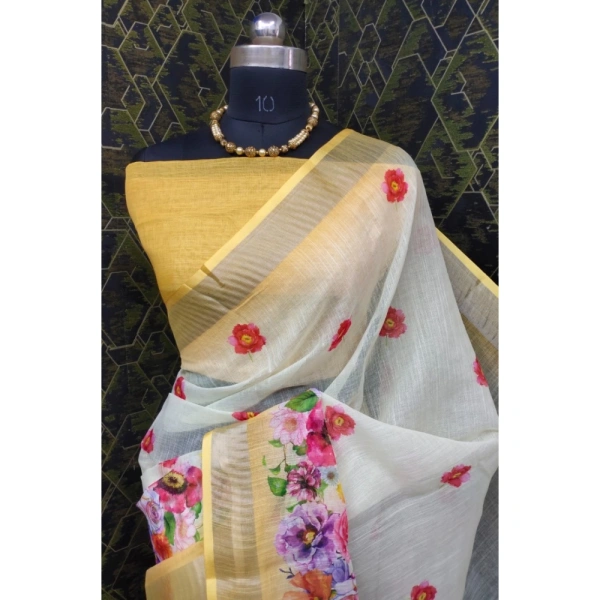 Generic Women's Cotton Linen Woven Design Saree With Unstitched Blouse 5.5Mtr (Yellow) - Yellow