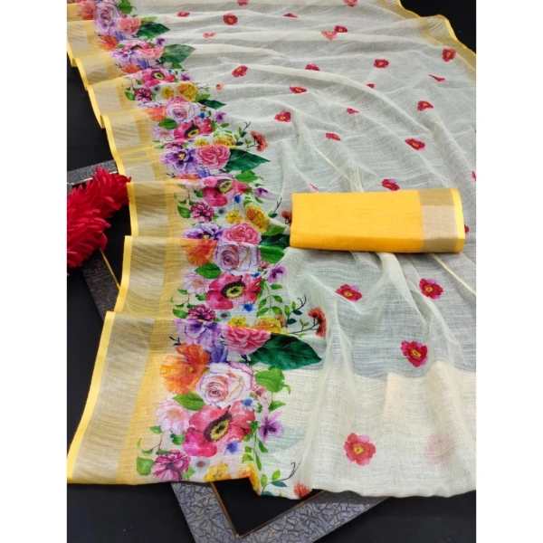 Generic Women's Cotton Linen Woven Design Saree With Unstitched Blouse 5.5Mtr (Yellow) - Yellow