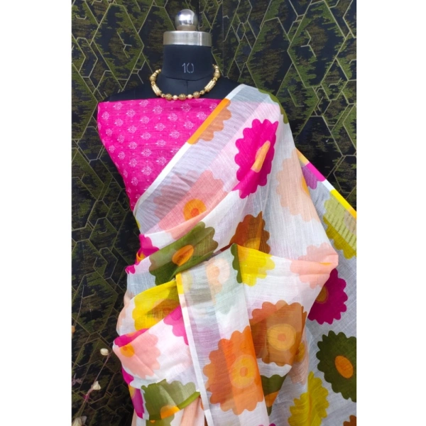 Generic Women's Cotton Linen Woven Design Saree With Unstitched Blouse 5.5Mtr (Pink) - Pink
