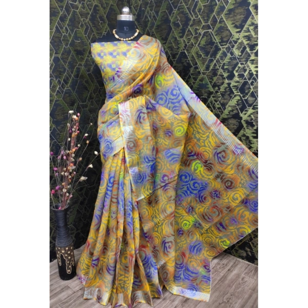 Generic Women's Cotton Linen Woven Design Saree With Unstitched Blouse 5.5Mtr (Yellow) - Yellow