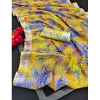 Generic Women's Cotton Linen Woven Design Saree With Unstitched Blouse 5.5Mtr (Yellow) - Yellow