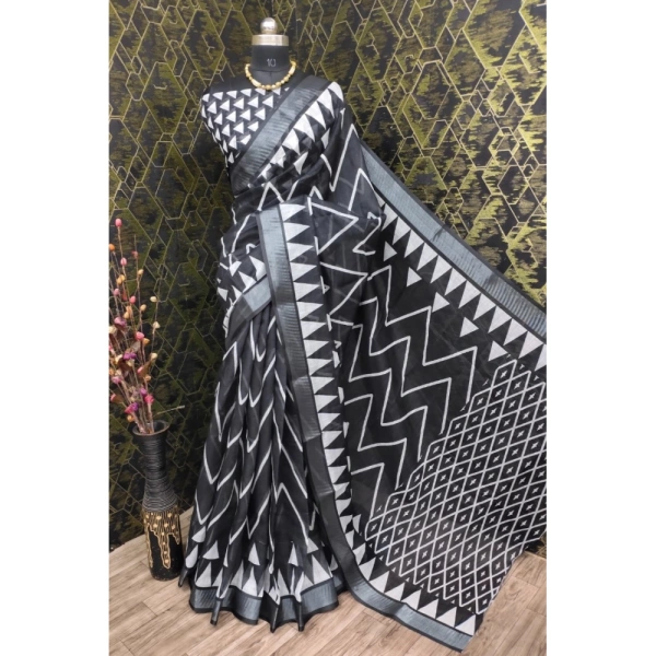 Generic Women's Cotton Linen Woven Design Saree With Unstitched Blouse 5.5Mtr (Black) - Black