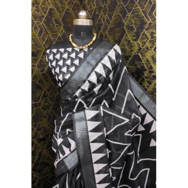 Generic Women's Cotton Linen Woven Design Saree With Unstitched Blouse 5.5Mtr (Black) - Black