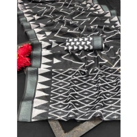 Generic Women's Cotton Linen Woven Design Saree With Unstitched Blouse 5.5Mtr (Black) - Black