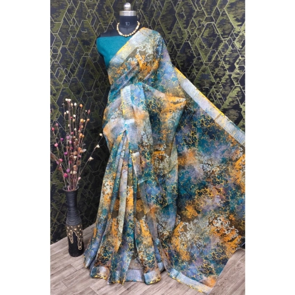Generic Women's Cotton Linen Woven Design Saree With Unstitched Blouse 5.5Mtr (Multicolor) - Multicolor