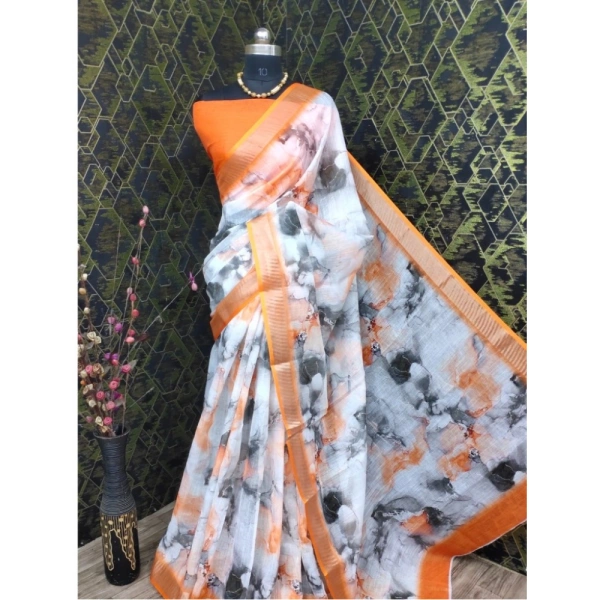 Generic Women's Cotton Linen Woven Design Saree With Unstitched Blouse 5.5Mtr (Orange) - Orange