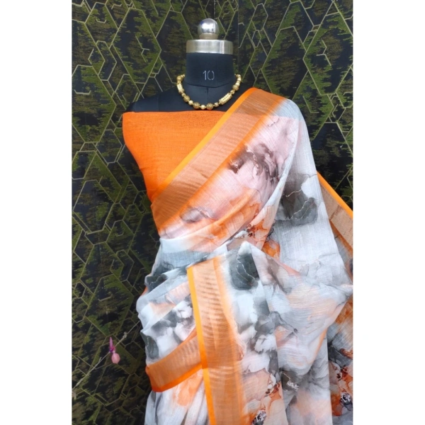 Generic Women's Cotton Linen Woven Design Saree With Unstitched Blouse 5.5Mtr (Orange) - Orange
