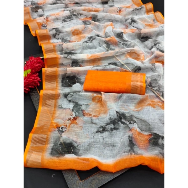 Generic Women's Cotton Linen Woven Design Saree With Unstitched Blouse 5.5Mtr (Orange) - Orange