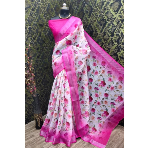 Generic Women's Cotton Linen Woven Design Saree With Unstitched Blouse 5.5Mtr (Pink) - Pink
