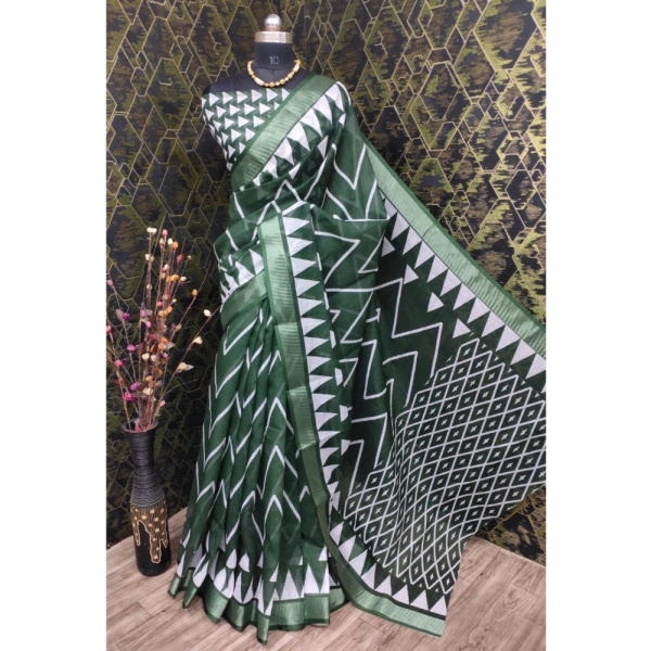 Generic Women's Cotton Linen Woven Design Saree With Unstitched Blouse 5.5Mtr (Green) - Green