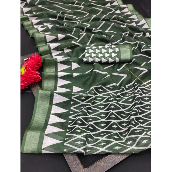 Generic Women's Cotton Linen Woven Design Saree With Unstitched Blouse 5.5Mtr (Green) - Green