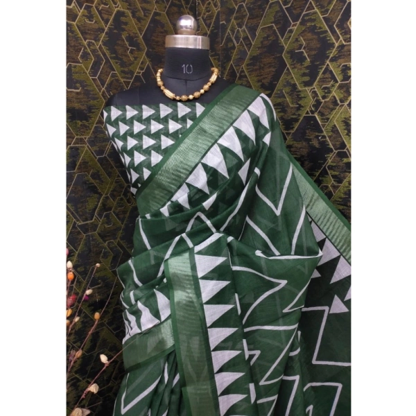 Generic Women's Cotton Linen Woven Design Saree With Unstitched Blouse 5.5Mtr (Green) - Green
