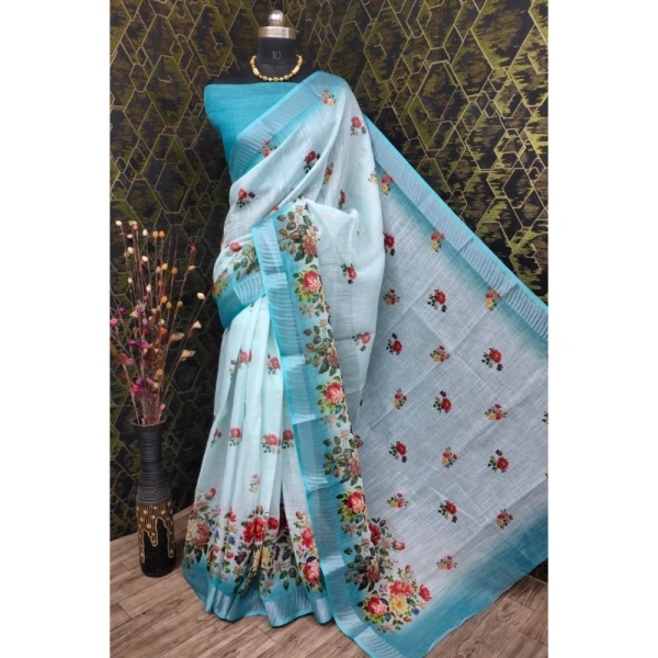 Generic Women's Cotton Linen Woven Design Saree With Unstitched Blouse 5.5Mtr (Sky) - Sky