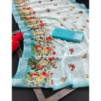 Generic Women's Cotton Linen Woven Design Saree With Unstitched Blouse 5.5Mtr (Sky) - Sky