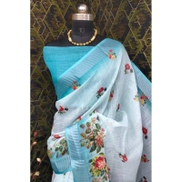 Generic Women's Cotton Linen Woven Design Saree With Unstitched Blouse 5.5Mtr (Sky) - Sky