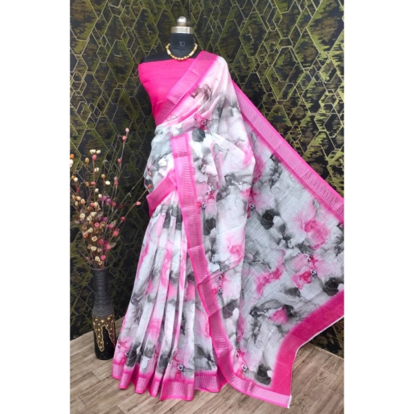 Generic Women's Cotton Linen Woven Design Saree With Unstitched Blouse 5.5Mtr (Pink) - Pink