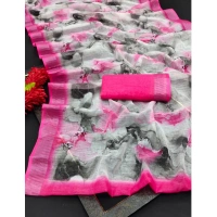 Generic Women's Cotton Linen Woven Design Saree With Unstitched Blouse 5.5Mtr (Pink) - Pink