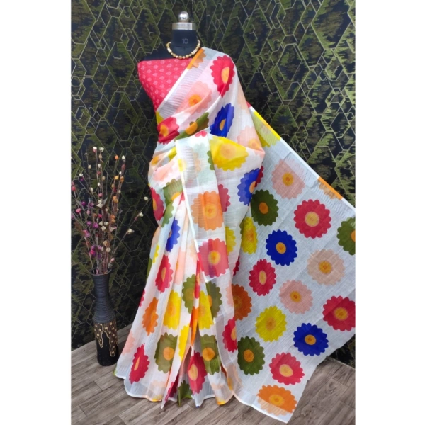 Generic Women's Cotton Linen Woven Design Saree With Unstitched Blouse 5.5Mtr (Red) - Red