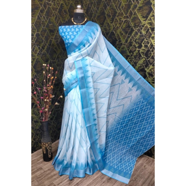 Generic Women's Cotton Linen Woven Design Saree With Unstitched Blouse 5.5Mtr (Sky Blue) - Sky Blue