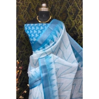 Generic Women's Cotton Linen Woven Design Saree With Unstitched Blouse 5.5Mtr (Sky Blue) - Sky Blue