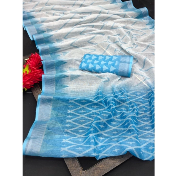 Generic Women's Cotton Linen Woven Design Saree With Unstitched Blouse 5.5Mtr (Sky Blue) - Sky Blue