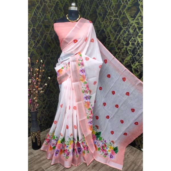 Generic Women's Cotton Linen Woven Design Saree With Unstitched Blouse 5.5Mtr (Peach) - Peach