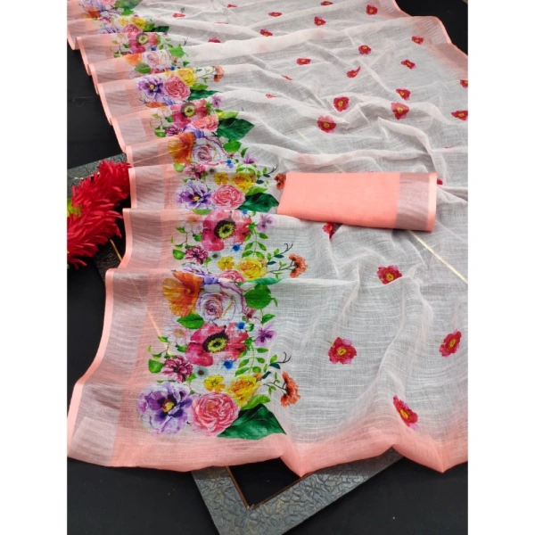 Generic Women's Cotton Linen Woven Design Saree With Unstitched Blouse 5.5Mtr (Peach) - Peach