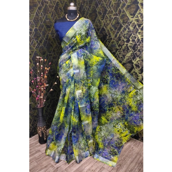 Generic Women's Cotton Linen Woven Design Saree With Unstitched Blouse 5.5Mtr (Blue) - Blue