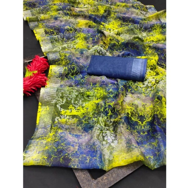 Generic Women's Cotton Linen Woven Design Saree With Unstitched Blouse 5.5Mtr (Blue) - Blue