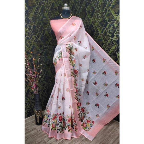 Generic Women's Cotton Linen Woven Design Saree With Unstitched Blouse 5.5Mtr (Peach) - Peach