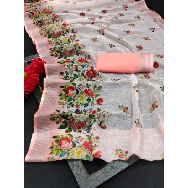 Generic Women's Cotton Linen Woven Design Saree With Unstitched Blouse 5.5Mtr (Peach) - Peach
