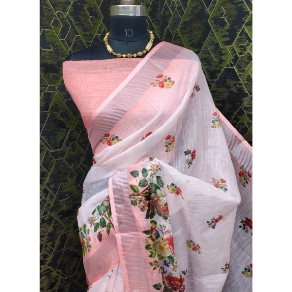 Generic Women's Cotton Linen Woven Design Saree With Unstitched Blouse 5.5Mtr (Peach) - Peach