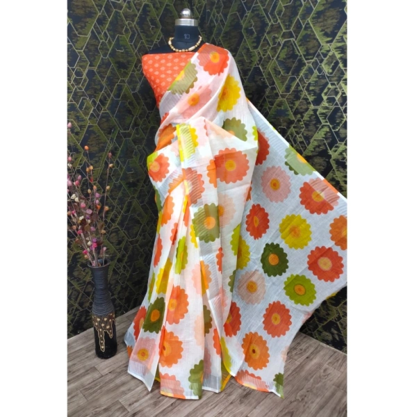 Generic Women's Cotton Linen Woven Design Saree With Unstitched Blouse 5.5Mtr (Orange) - Orange
